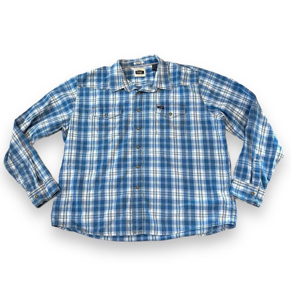 Wrangler Men’s XXL Long Sleeve Pearl Snap Oxford Shirt Blue Plaid Western